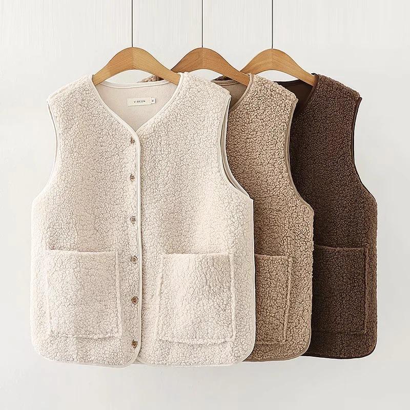 

Lambswool Vest Winter Vest Women Fashion Single-Breasted O Neck Short Waistcoat Women Sleeveless Jacket Female Tank Top, Brown