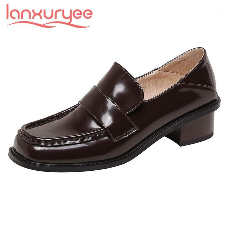 

Lanxuryee british school full grain leather classic colors square toe thick med heel slip on pretty girls maiden women pumps L421, Black