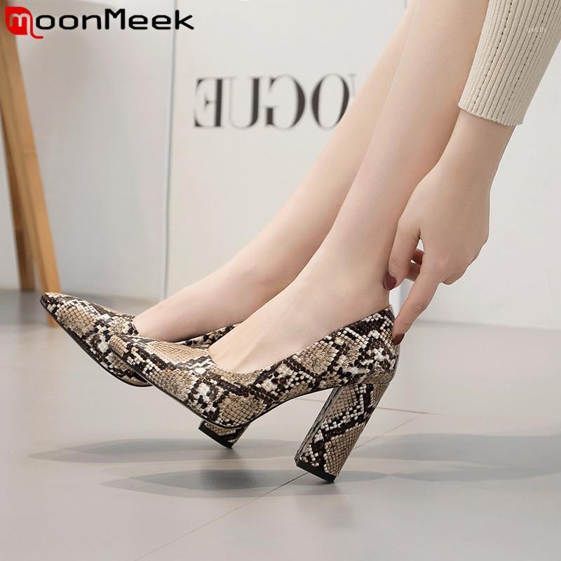 

MoonMeek size 35-40 new pumps shoes wmen pointed toe shallow thick high heels shoes serpentine prom office 20211