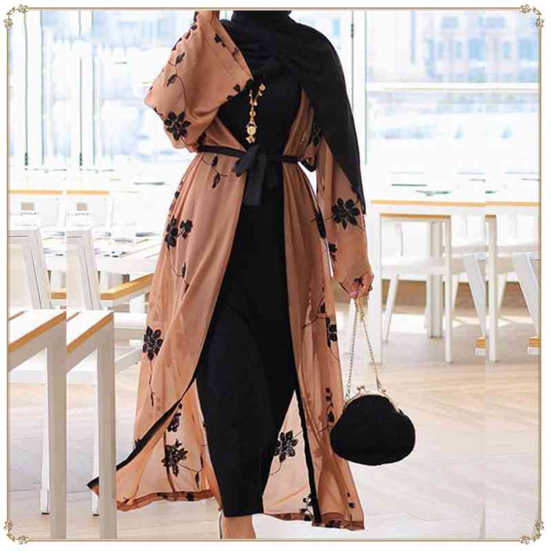 

Muslim Dress Women Elegant Print Abaya Cardigan Maxi Dress Kimono Long Robes Female Vestidos Middle East Ramadan Turkish Islamic, Black;gray