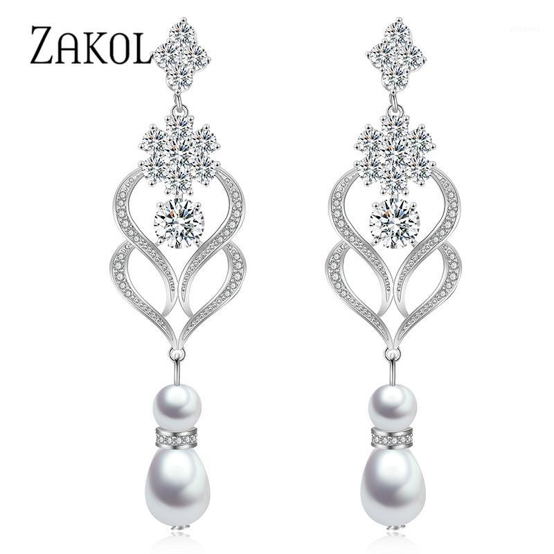 

Dangle & Chandelier ZAKOL Trendy CZ Zirconia Flower Long Simple Earrings For Women Bride Bridesmaid Wedding Jewelry FSEP23321
