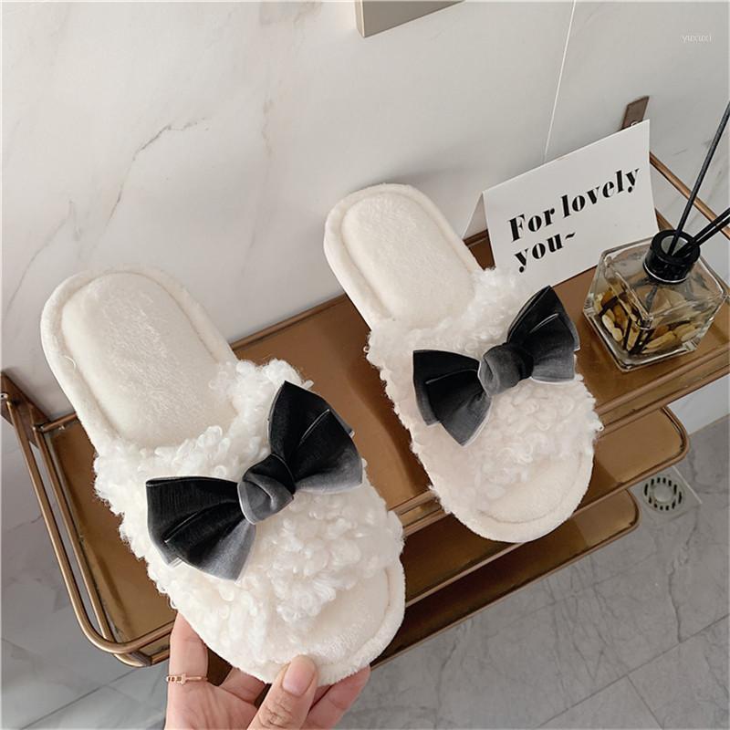 

Winter Slippers Women Fur Shoes Plush Slipper Floral Slides Butterfly-knot House Shoes Indoor Ladies Furry Slides Wool1, As shown