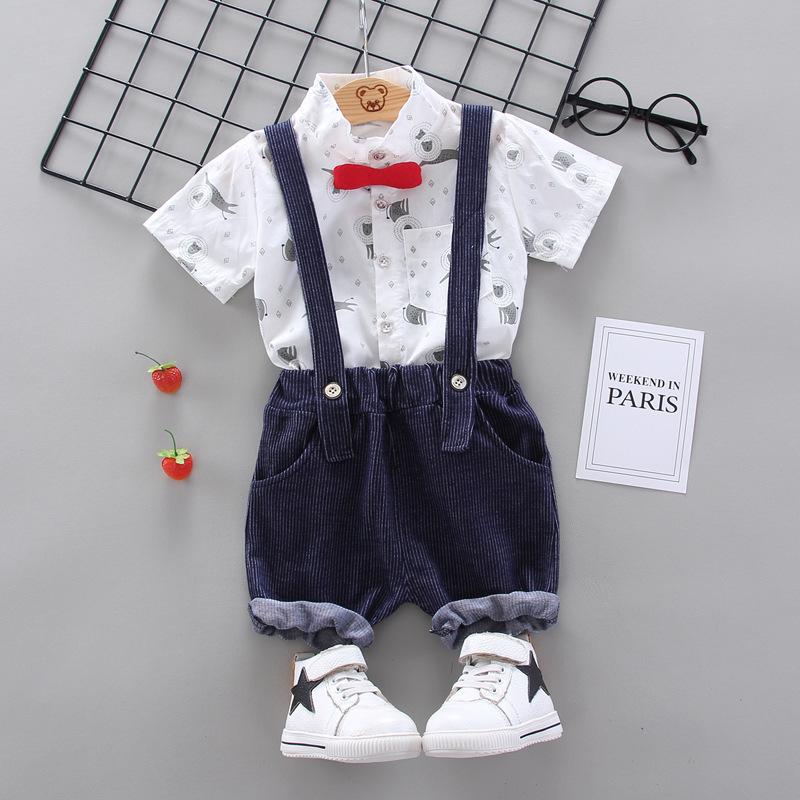 

European and American style bow tie gentleman suspender suit lion print short sleeve children's shirt suit, As picture