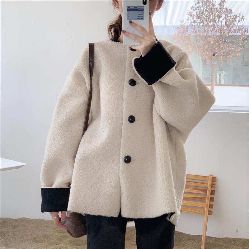 

Women's Jackets Korean Fashion Baseball Jacket Coat Women Vintage Fall Winter Loose Faux Fur Warm Streetwear Coats1, Beige