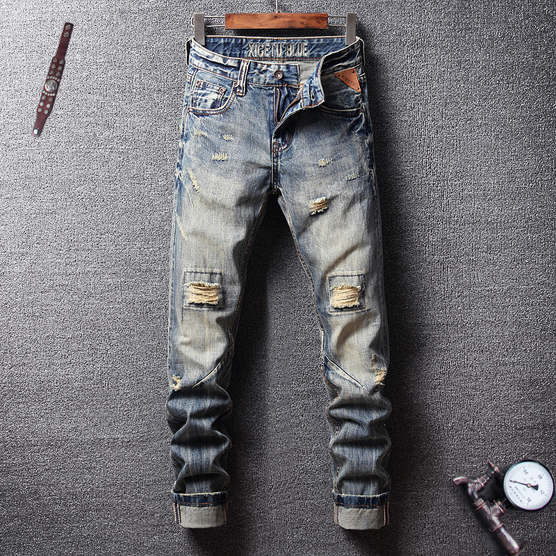 

2021 New Italian Style Fashion Retro Wash Slim Fit Ripped Men Spliced Designer Denim Pants Streetwear Hip Hop Homme Jvq8, Retro color