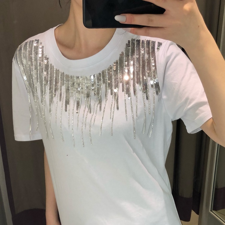 

2021 New Korean Sequin t Women Summer Tops Sequined Tassel Cotton Tshirt Tee Shirt Femme Female Plus Size Loose T-shirt 8rop, White