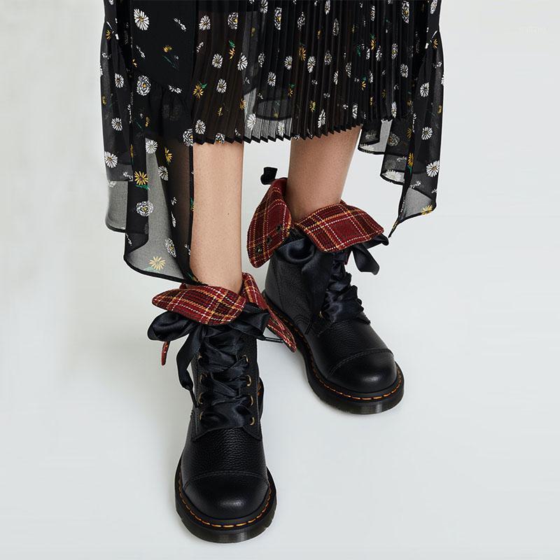 

Genuine Leather British Flat Boots Female Round Toe Plaid Color Matching Cross Strap Metal Decoration Knight Short Boots1, As pic