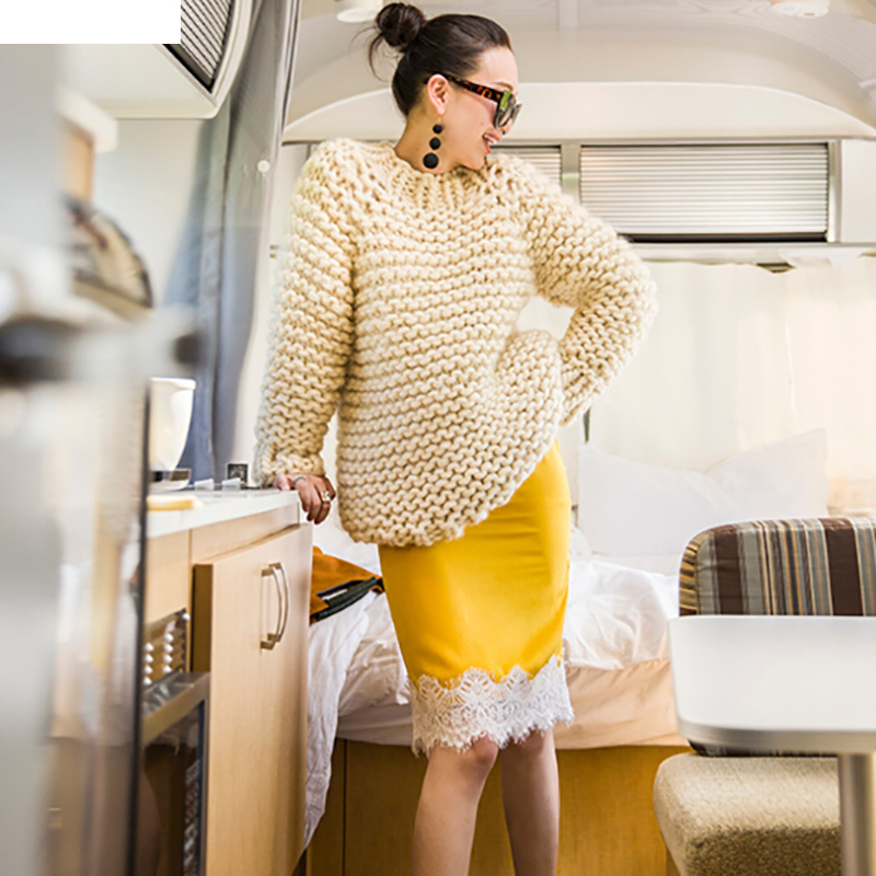 

Winter hand pure woman heavyset turtleneck jumper loose size big thick lines ultra-thick white shirt, Navy blue