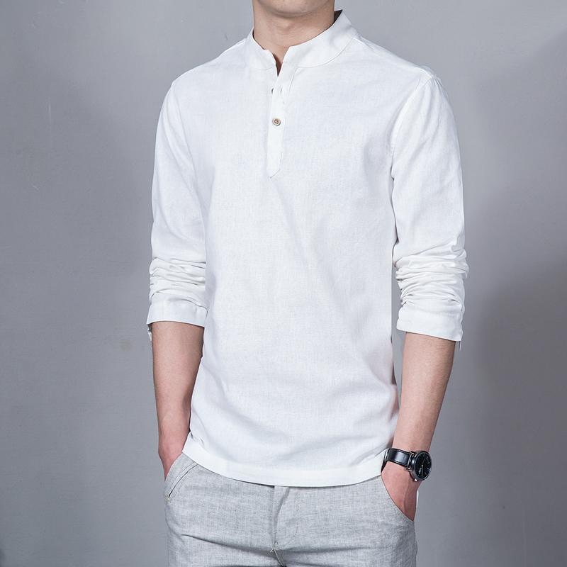 

XIU LUO brand Cotton Linen Men Shirts Man Long Sleeve Solid Color Stand Collar Chinese Clothes Male Big Size 5XL Casual Shirts, Asian size denimblue