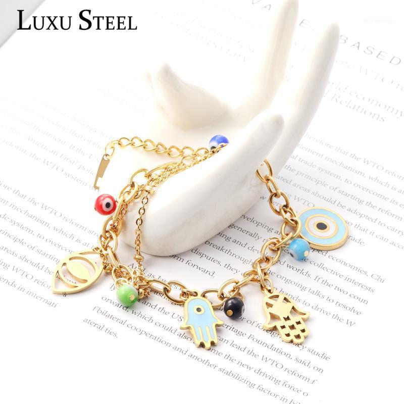 

LUXUSTEEL Cuban Link Chains Bracelets Female Accessories Colorful Round Beaded Eye and Hand Pendant Stainless Steel Hip Hop Gift1