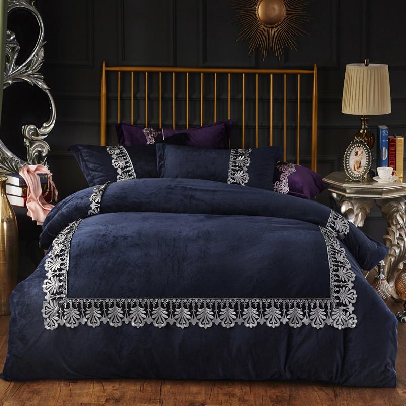 

DIADIR Luxury Green Blue Wool Fabric Bedding Sets Thick Lace Edge Duvet Cover Bed Sheet Bed Linen Pillowcases Queen King Size
