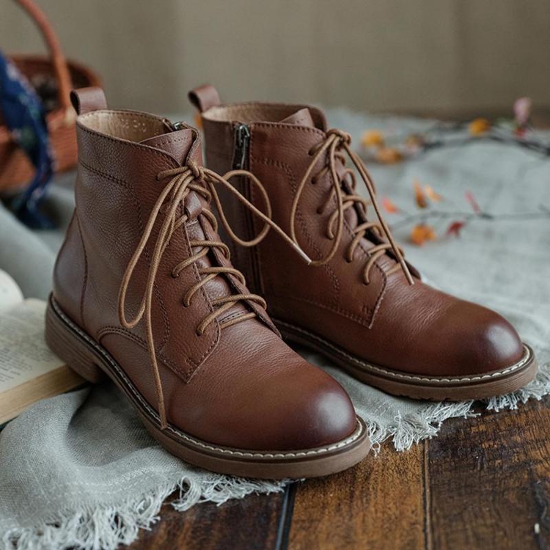 

Handmade Genuine Leather Boots Lace-Up Combat Retro Chunky Ankle 2020 Winter Brown