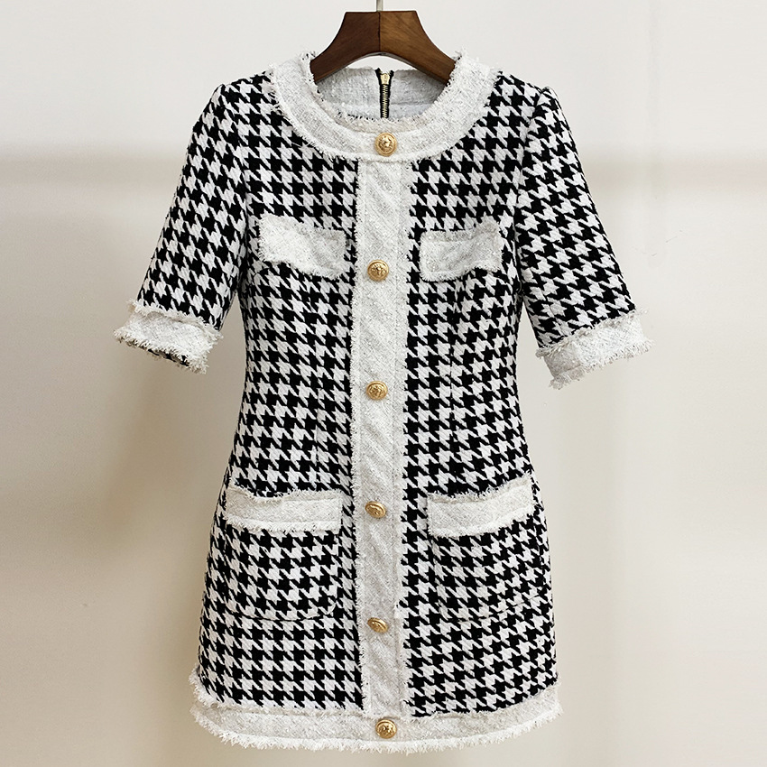 

223 2021 Milan Style Runway Dress Brand Same Style Dress Short Sleeve Tweed Crew New Plaid Empire Fashion Womens Dress meiyi, White