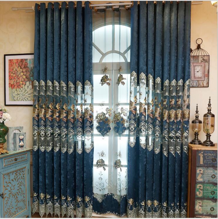 

New arrival beautiful full shade blakcout curtains tulle curtain blue Embroidery curtains for living room bedroom