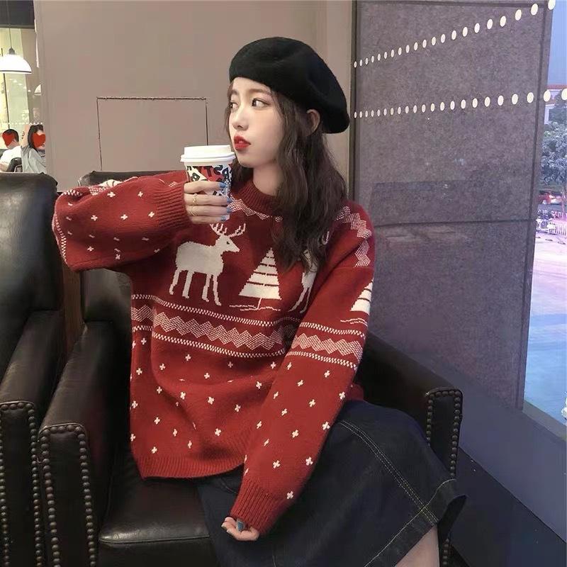 

Christmas New Year Red Sweater Women's 2020 Winter New Loose Harajuku Style Sweater For Women Pull Femme Hiver En*