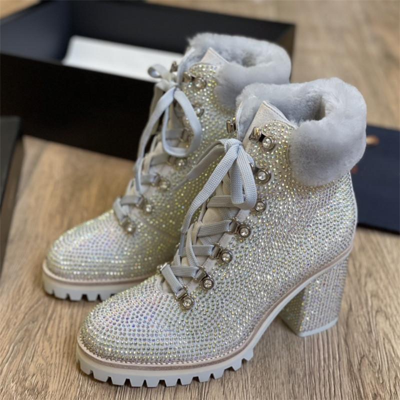 

Fashion Full Bling Crysal Ankle Boots Lace Up High Heels Designer Shoes Women Luxury 2020 Genuine Leather Fur Winter Short Boots, As pic
