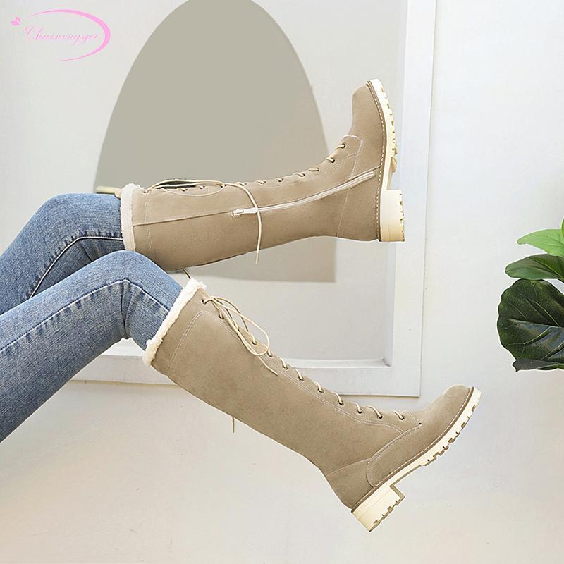 

Casual style comfortable round toe nubuck winter warm snow boots lace-up zipper medium with knee-high boots women's shoes1, Beige
