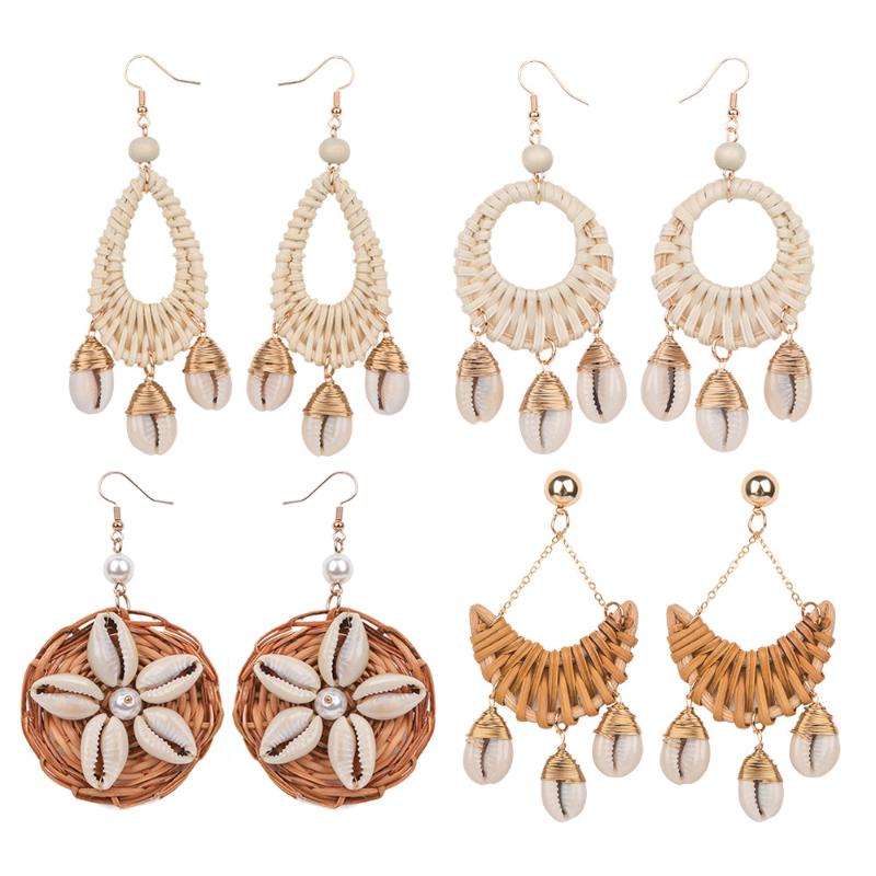 

Dangle & Chandelier AMORCOME Bohemia Earrings For Women Handmade Straw Weave Rattan Shell Pendant Drop Geometric Jewelry Brincos