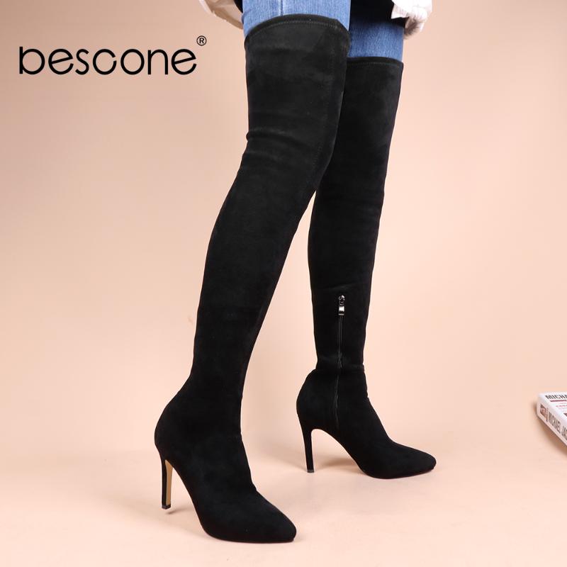

Bescone Winter Warm Suede Stretch Fabric Over-knee-high Boots Woman Pointed Toe Super High Thin Heel Long Boots Lady Shoe BC913, Black