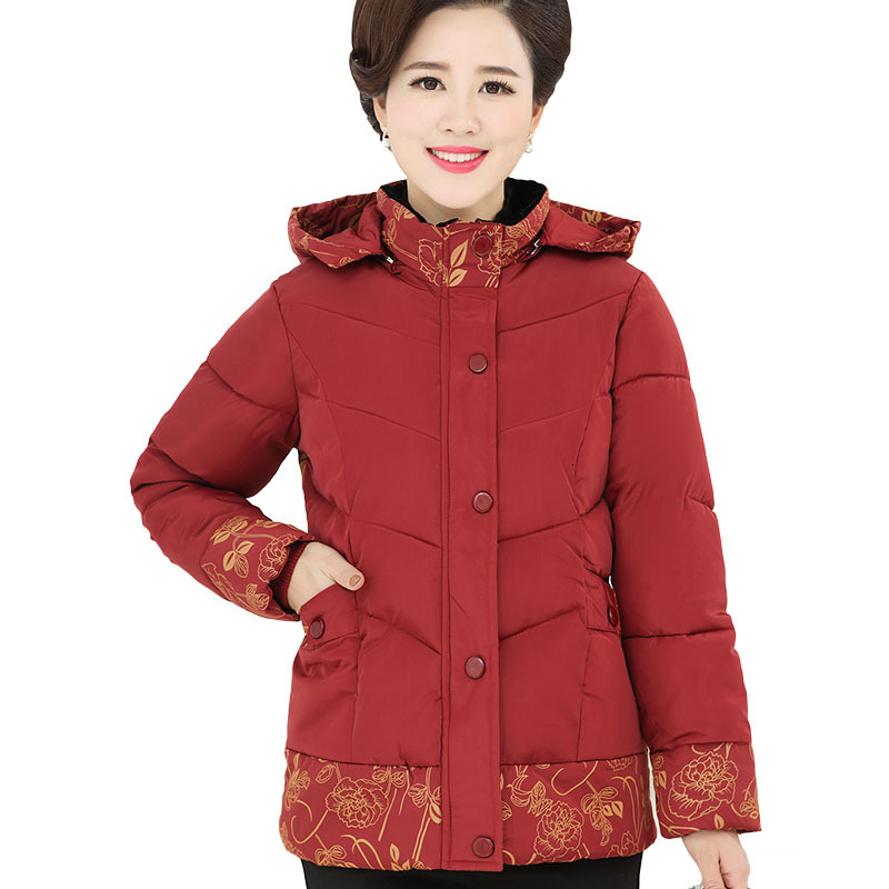 

More Size Down Fashionable Winter Woman's Middle-aged Loose Jacket Thicken Warm Quilted Cotton Outwear R379 Po68, Red wine