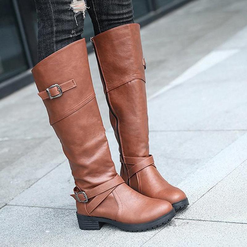 

Women Autumn Winter Leather Boots Wild Solid Color Belt Buckle Knight Boots Mid-length Ladies Retro Flat Low Heel Shoes, Black