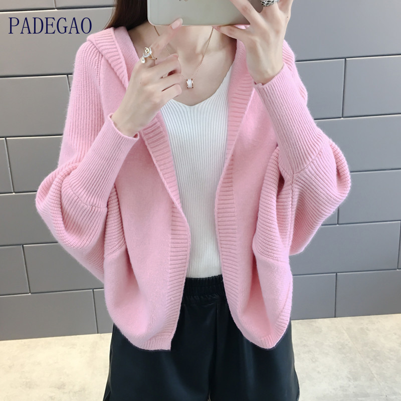 

Oversize cardigan with hoodie pink mesh sweater short coat long sleeve, loose autumn thick Batwing chic sleeve, Brown