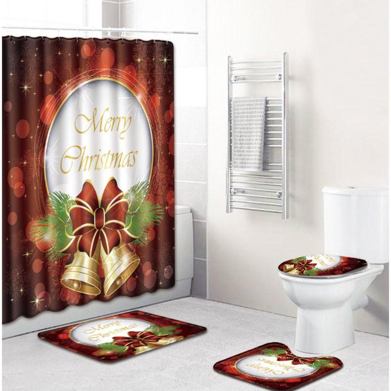 

4Pcs/Set Christmas Style Decor Non Slip Pedestal Rug Lid Toliet Cover Bath Mat Shower Curtain