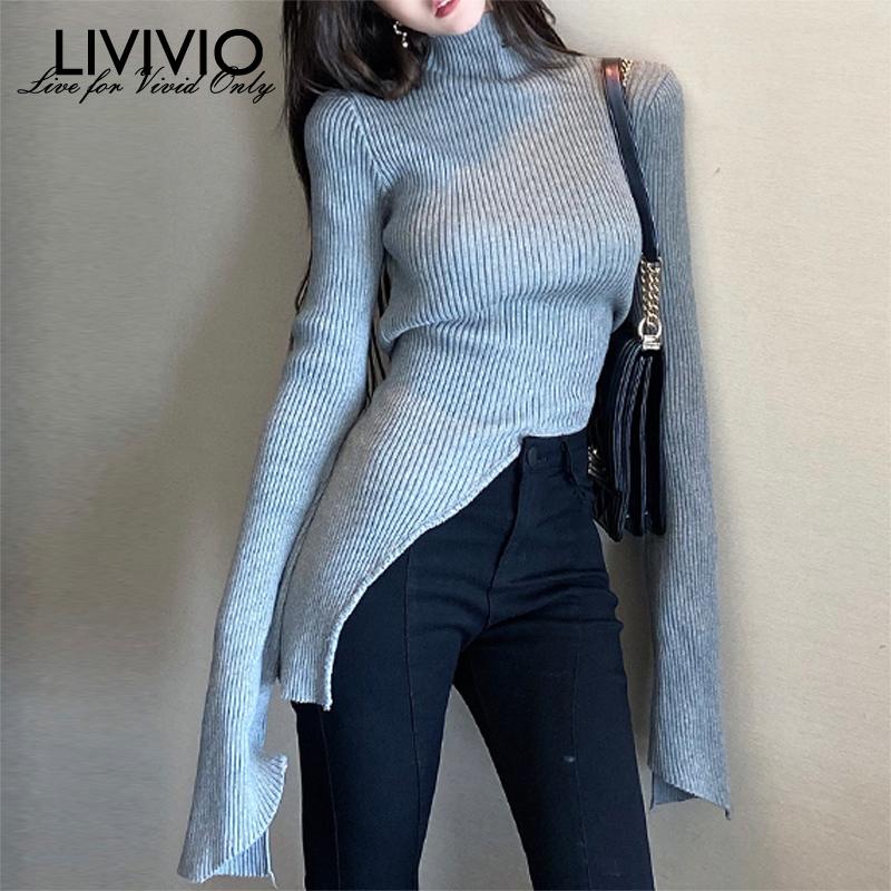 

LIVIVIO] cotton Irregular Knitted Tops For Women Turtleneck Long Sleeve Tunic Solid Sweater Female 2021 Fashion New Clothing, Black