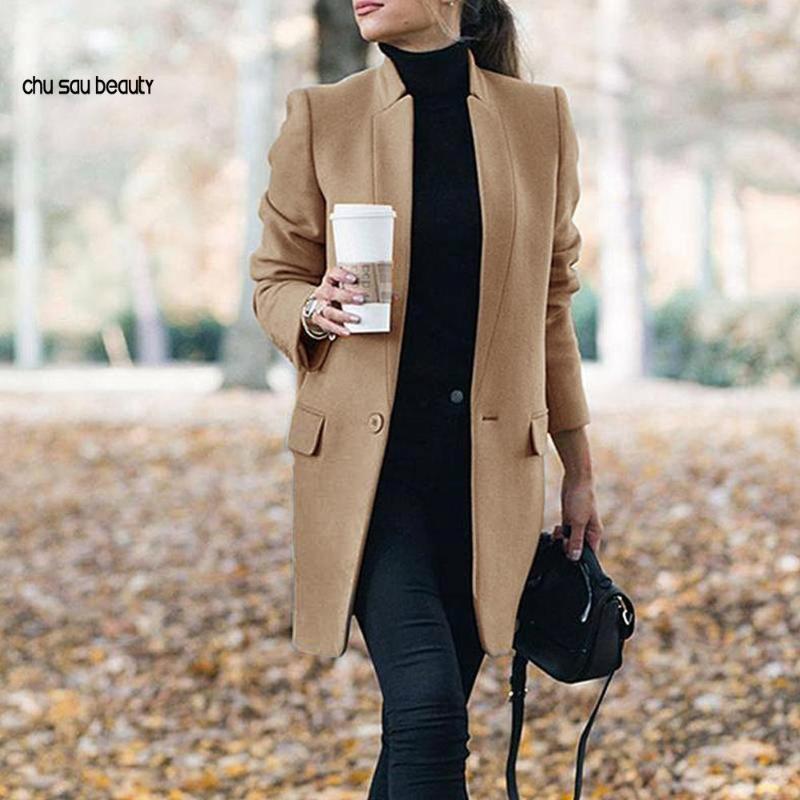 

Women Trench Long Coat 2020 Winter Spring Lapel Long Sleeve Coats Office Ladies Solid Slim Overcoat Outwear Abrigo Mujer C115, 003