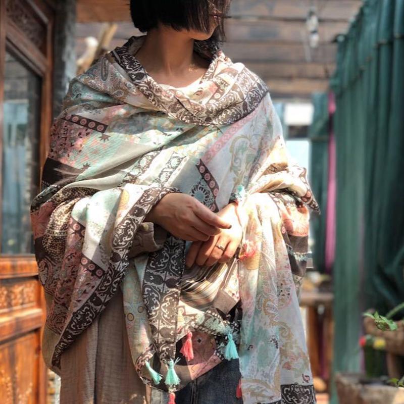 

Johnature Women Scarfs Print 2020 Winter New Cotton Brief Warm Shawl Female Vintage Retro Women Clothing