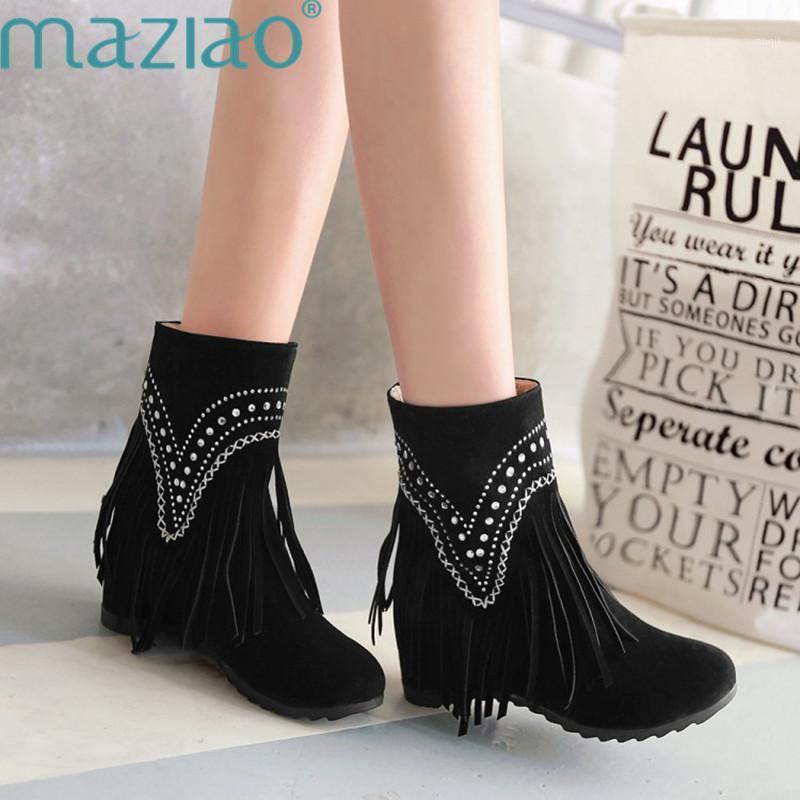 

Tassels Crystal Short Plush Warm Women Fashion New Winter Boots Woman Solid Black Suede Wedges High Heel Short Boots MAZIAO1