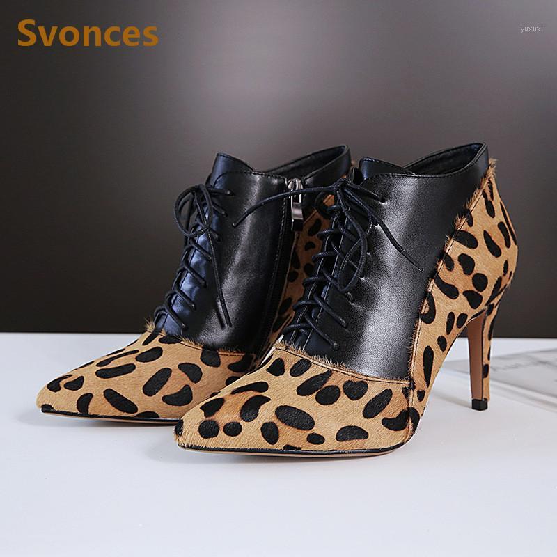 

New Leopard Woman Boots Ankle Zipper Horsehair High Heels Lace-up Short Boots Pointed Toe Stiletto Shoes Women 20201, As show