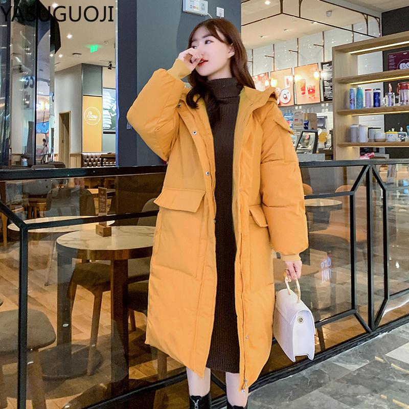 

YASUGUOJI Women Fashion Long Parkas Winter Down Cotton Jacket Coat Lady Leisure Pocket Hooded Warm Coats Chamarras De Mujer, Beige