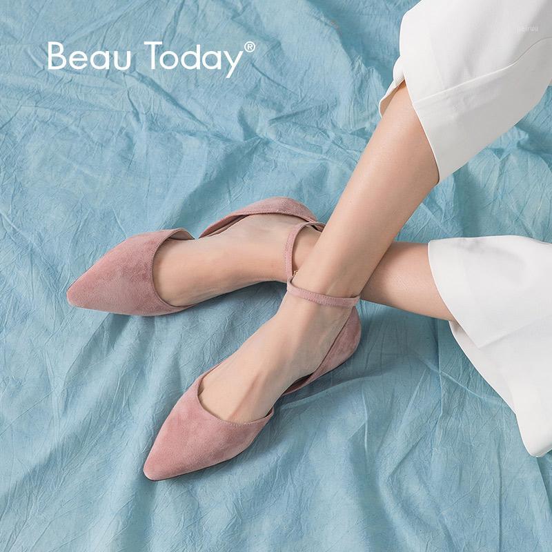 

BeauToday Flat Sandals Women Kid Suede Leather Sweet Pink Pointed Toe Ankle Strap Cover Heel Summer Lady Shoes Handmade 30063311