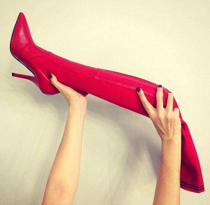 

Leather Hot Spring Women Red-skinned on Sexy Knee Ladies High Heeled Foot Pointy Knit Patchwork Boots Horseman Jrqj, The picture