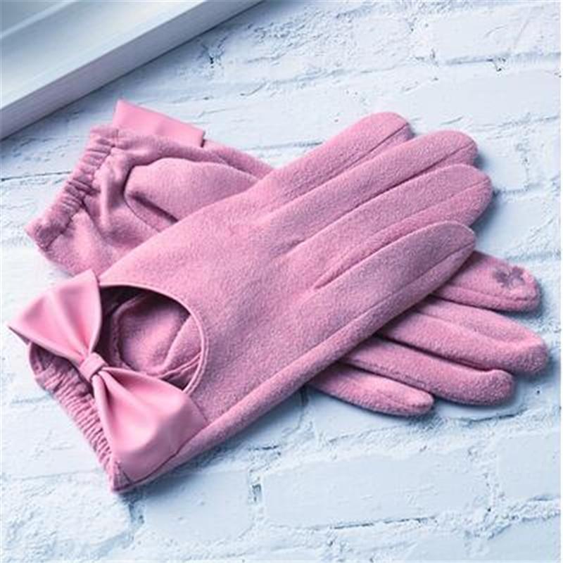 

spring autumn suede leather bow gloves lady's hollow out Full finger leather gloves pink driving glove1