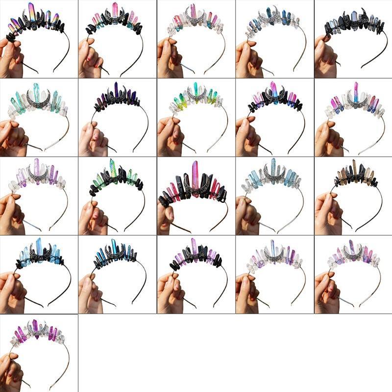 

Wedding Bridal Jewelry Tiara Headband Multicolored Raw Quartz Crystal Hair Hoop Antique Moon Handmade Witch Crown Clips & Barrettes, Golden;silver