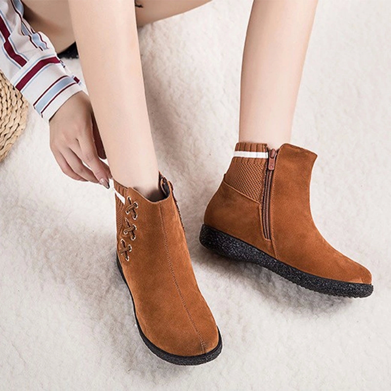 

women boots Knitting cross tie ladies zipper warm plush winter Women's Causal flat platform Comfortable female shoes 2020 #jz0d, Black