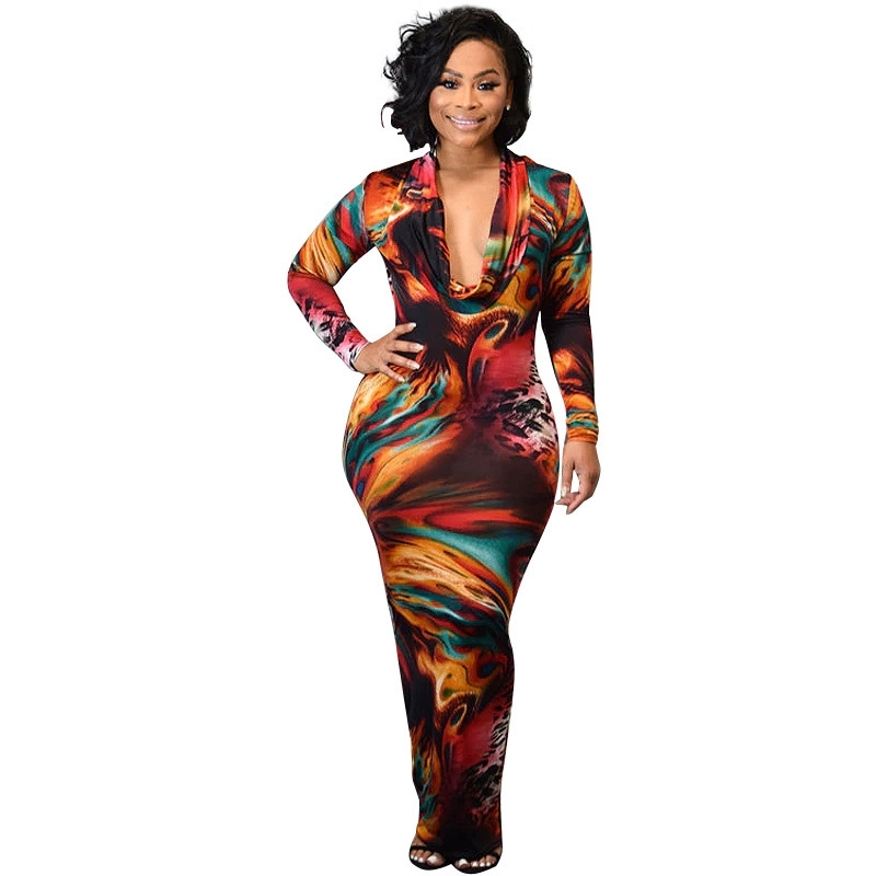 

Echoine Women Sexy maxi dresses long sleeve Skinny printed dress female slim elegant off shoulder nightclub party clothing lady Y200824, Multi
