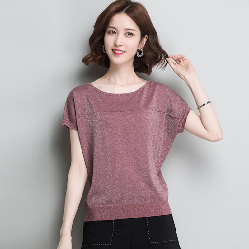 

Women's T-Shirt Shiny Knit T Shirt Short Sleeve Women Summer Loose O-neck Color Basic Batwing Tee Female Top 2022, White