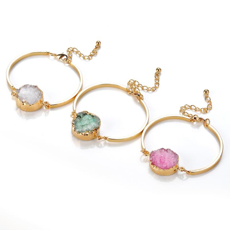

2021 New Pink White Green Natural Druzy Crystal Cluster Bracelet 20Mm Round Double Hanging Alloy Bracelet Bijoux