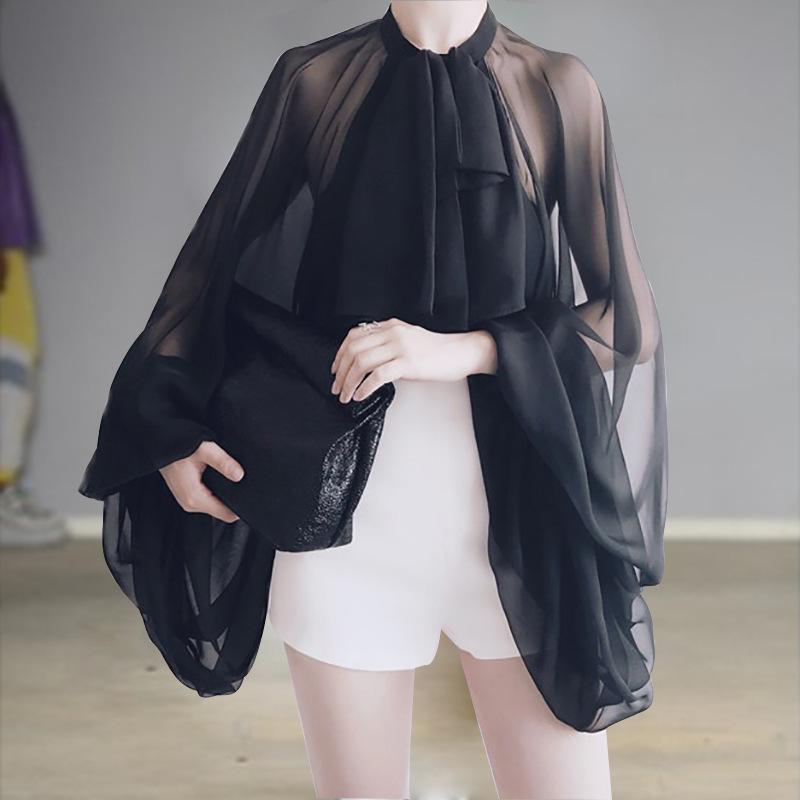 

MSXU Fashion Chic Sexy See Through Chiffon Lantern Neck Fitted Casual Women Blouse Shirts Tops, Black