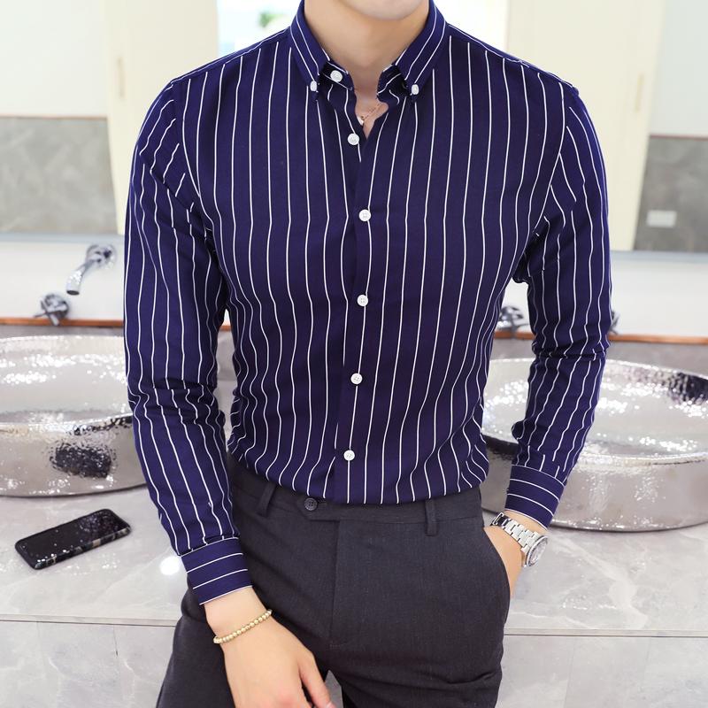 

Men's New Striped Shirt Long Sleeve Business Casual Slim Shirt Men's Large Size New High Quality Dress, Black
