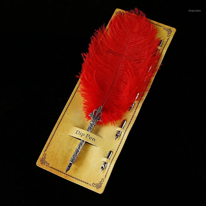 

Ostrich Feather Pen Dip Calligraphy with 5 Nib Gift Quill Pen Writing Ink Set Gift Box Wedding Fountain Decoration 1Set1, Red