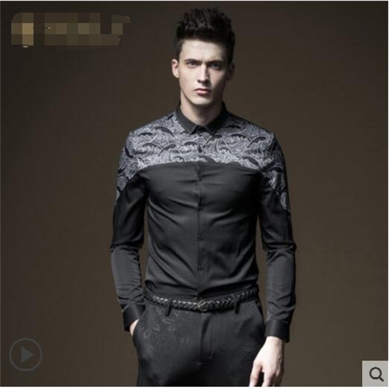 

2021 New Lean Autumn of Men Printed on Long Shirt. EJEV, Black