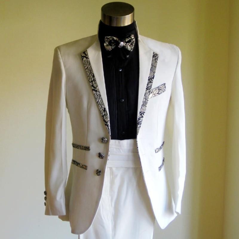 

Hot New Adult White Formal Suit Set Stage Wedding Dress Men Clothing Stage Blazer Costumes Suit +Pants+Girdle+tie