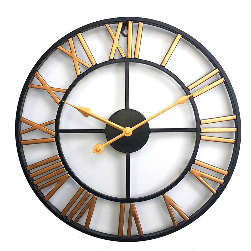 

1Pcs Wall Decoration Wrought Iron Alarm Clock Retro Wall Clock 3D Round Roman Hollow Iron Bar Quiet Decorative Gold 6
