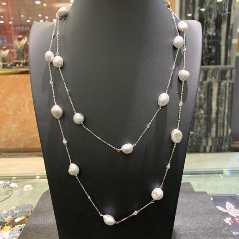 

natural fresh water pearl sweater necklace 925 sterling silver chain with cubic zircon grey white black color long necklace1