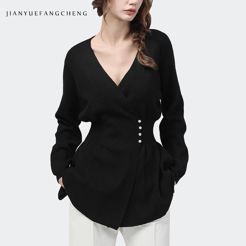 

Fashion V-Neck Knitted Sweater Women Autumn Winter Outwear Pearls Crossed Waist Buckle Tops Long Sleeve Warm Black Cardigans