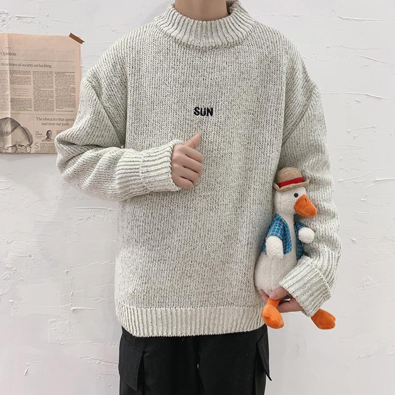 

Autumn Korean Half-neck Men Sweater Harajuku Style Trend Ins Hong Kong Wind Letter Sun Embroidery Sweater Loose Line Clothing1, Black